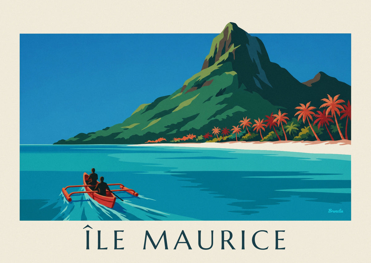 Affiche lagon, cocotiers et Morne Brabant à l'île Maurice