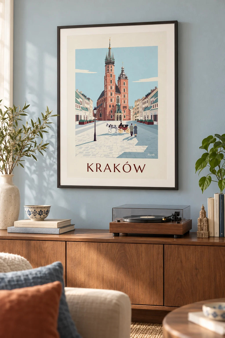 Plakát bazilika Panny Marie a kočár na náměstí v Krakově: v rámu na zdi