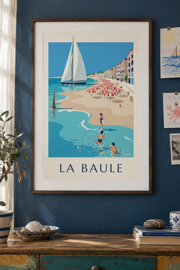 Poster of swimmers and striped parasols on the beach at La Baule: framed on the wall