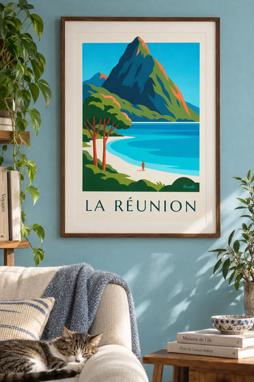 Plakát laguna a Piton des Neiges na ostrově Réunion: v rámu na zdi