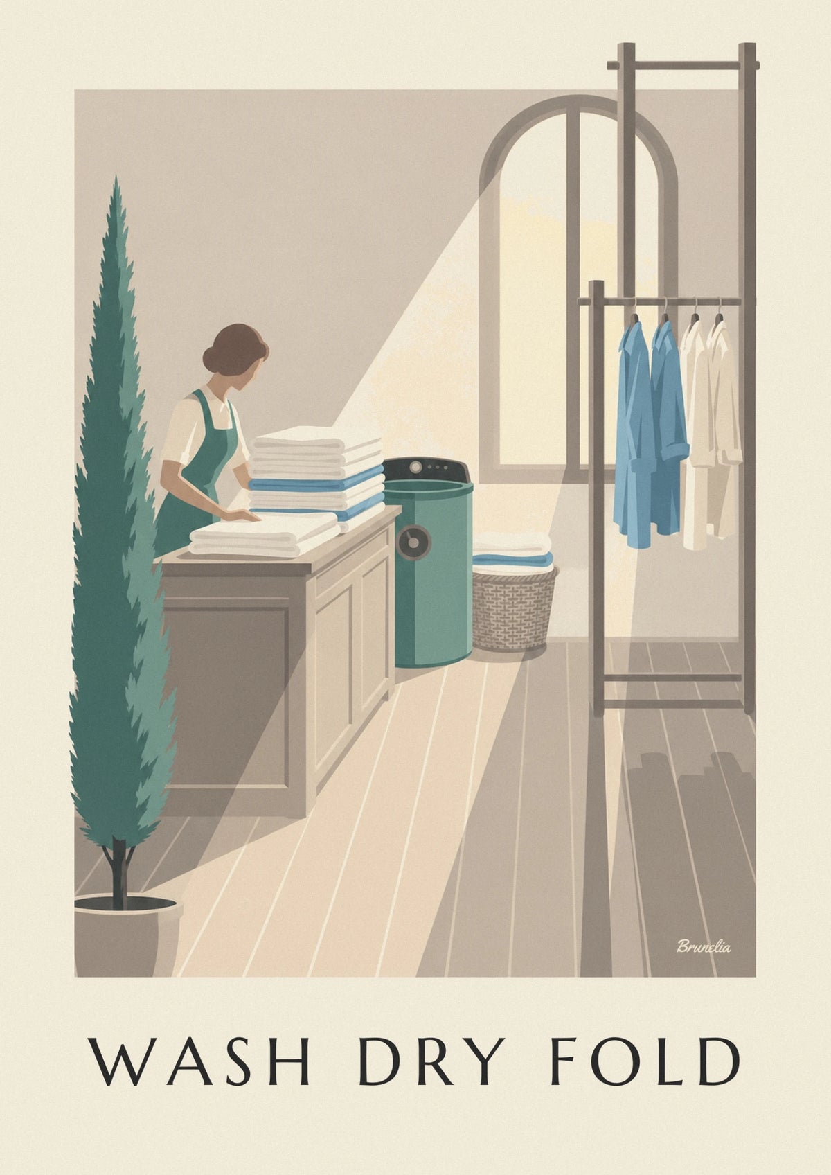 Laundry counter with folded linens and drying rack poster