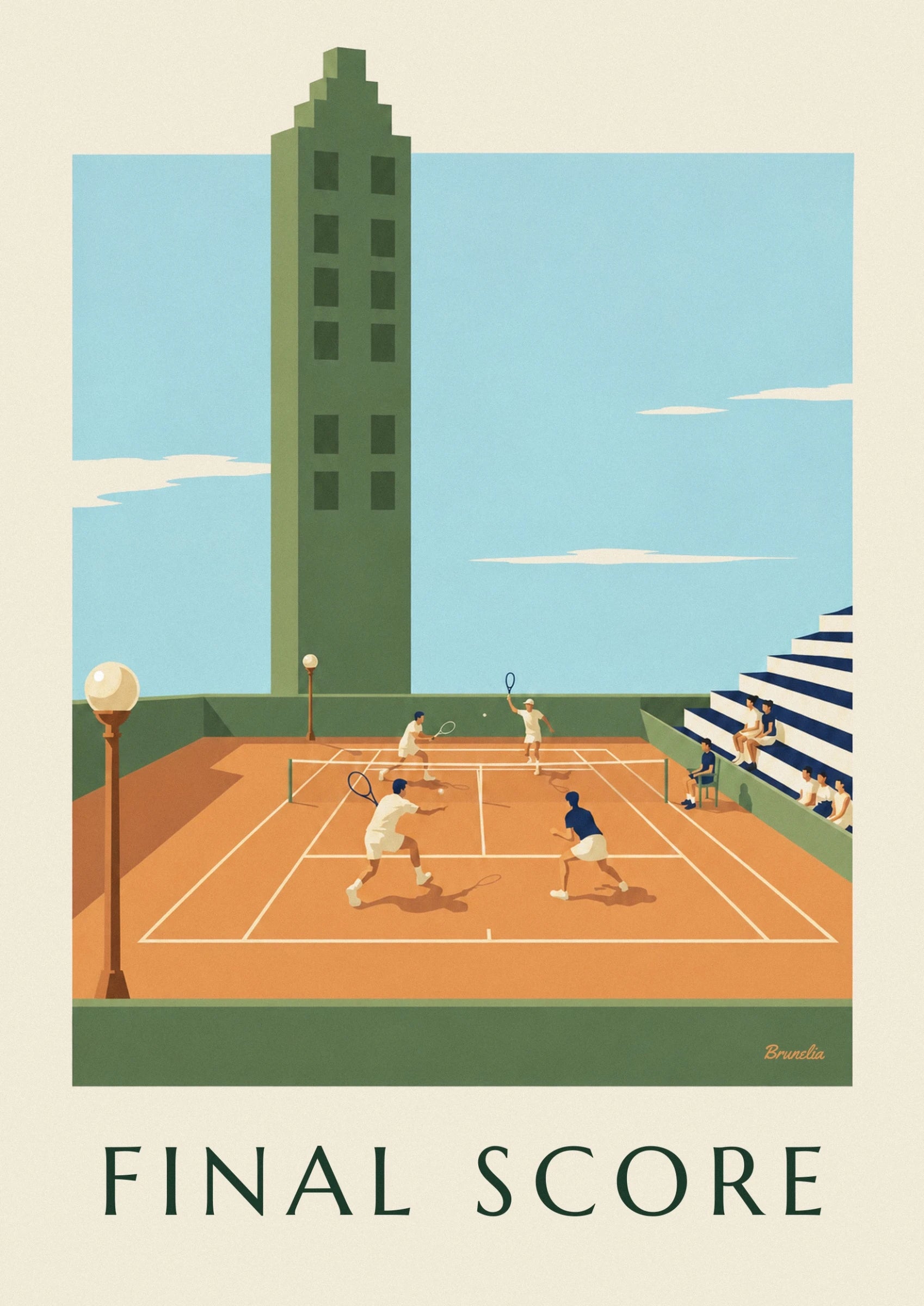 The 4 players in white and blue, rackets in hand on the clay court
