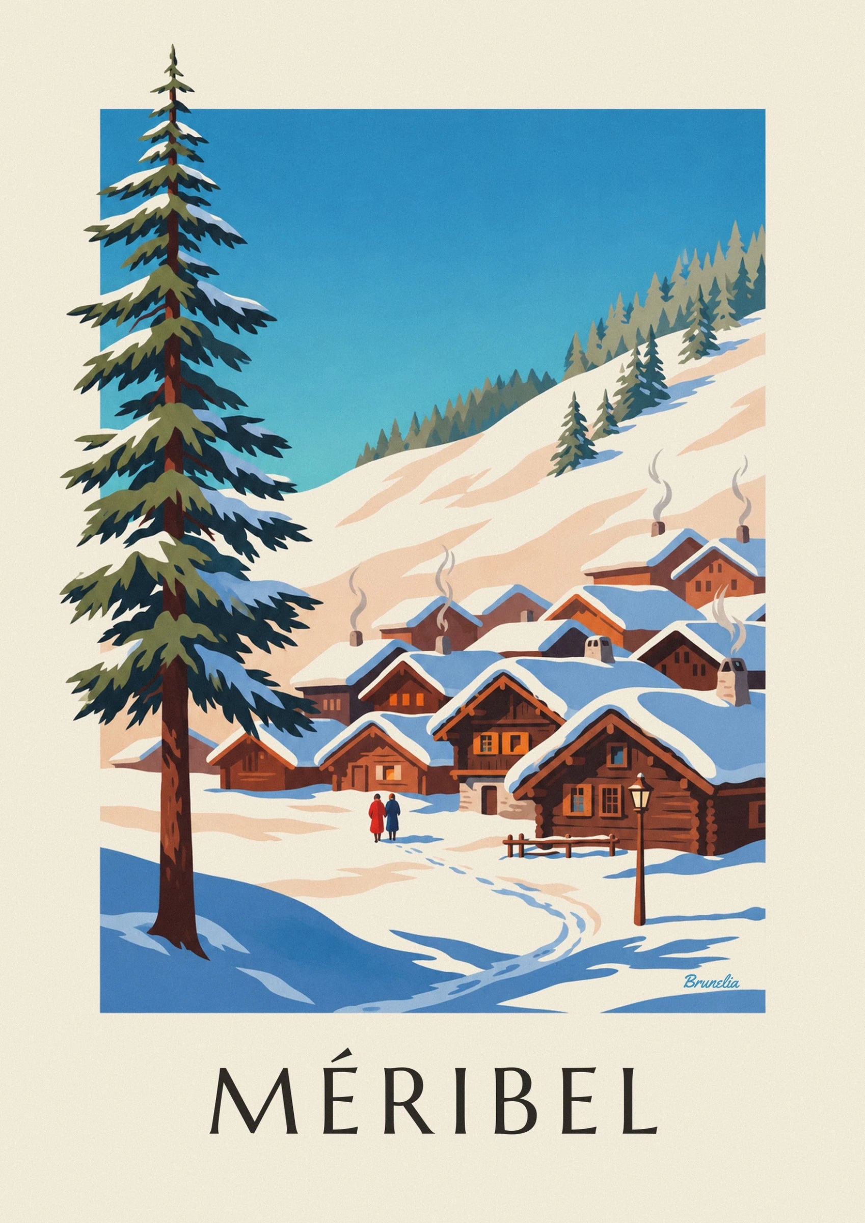 Log chalets with orange shutters, snow-laden roofs, a street lamp and a wooden fence