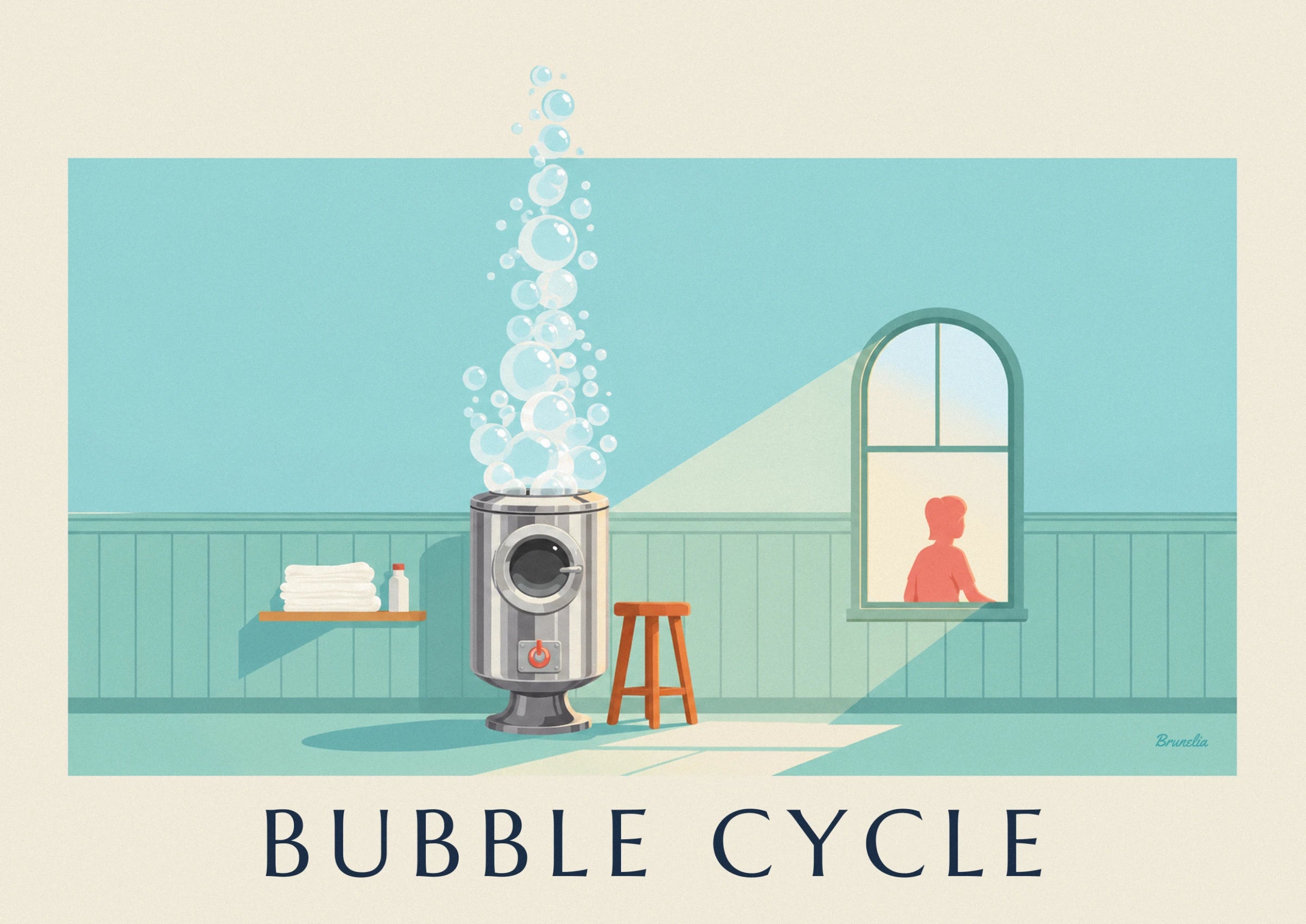 The grey and white striped machine with its round window, cloud of bubbles and wooden stool