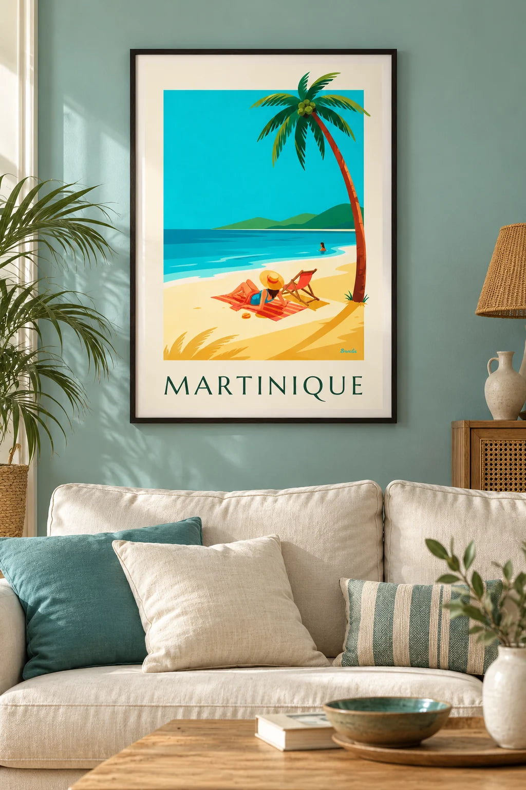 Affiche femme sur une plage de sable blanc en Martinique na stěně