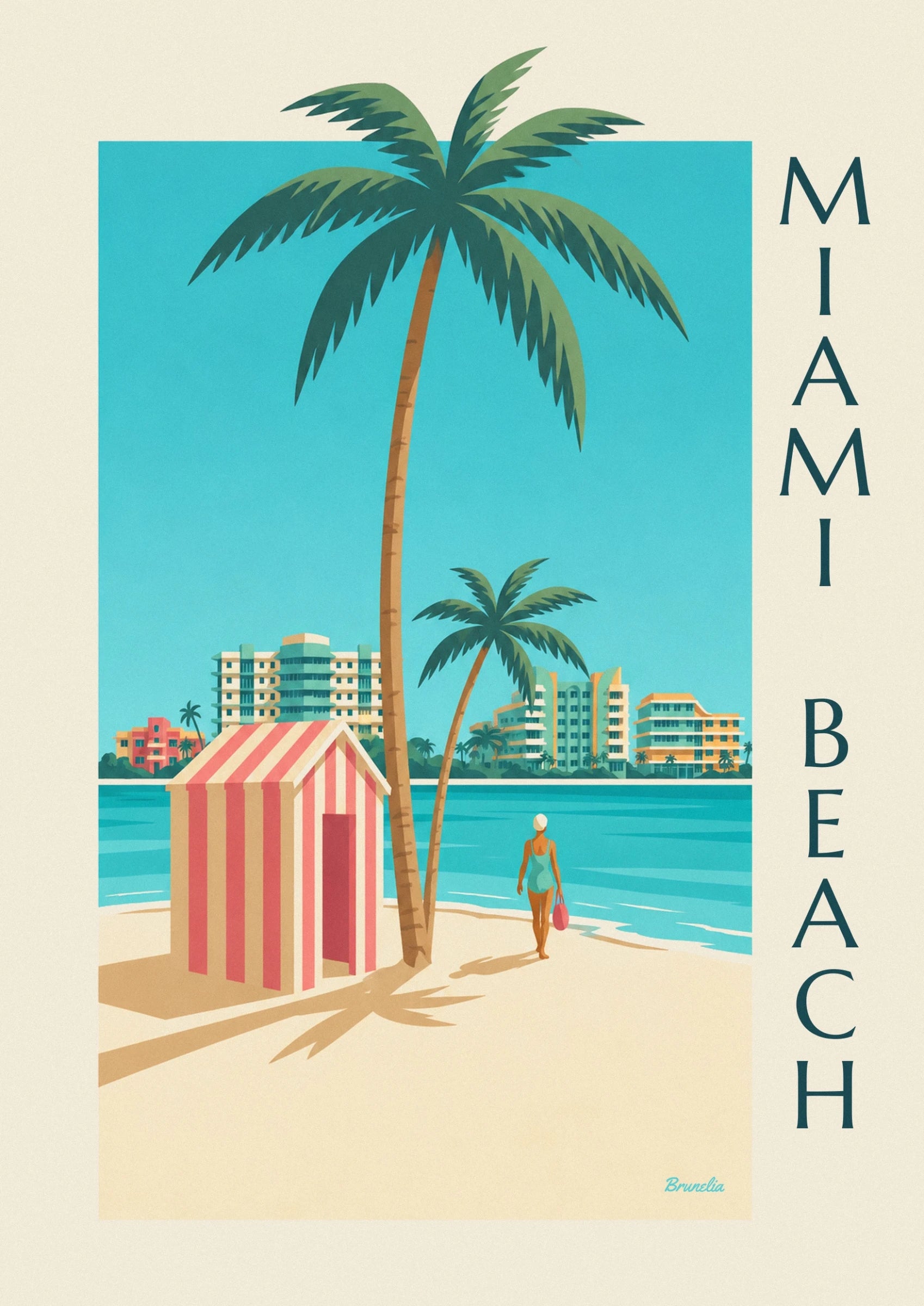 The pink and cream striped beach hut with its open door facing the sea