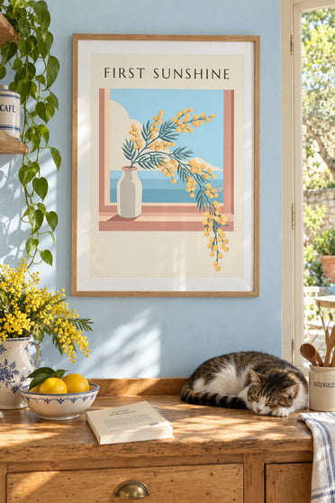 Affiche branche de mimosa en fleurs dans une cruche : encadrée au mur