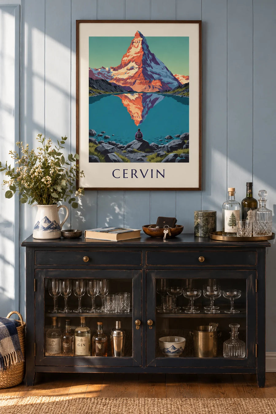 Poster of the Matterhorn at sunset reflected in an alpine lake: framed on the wall