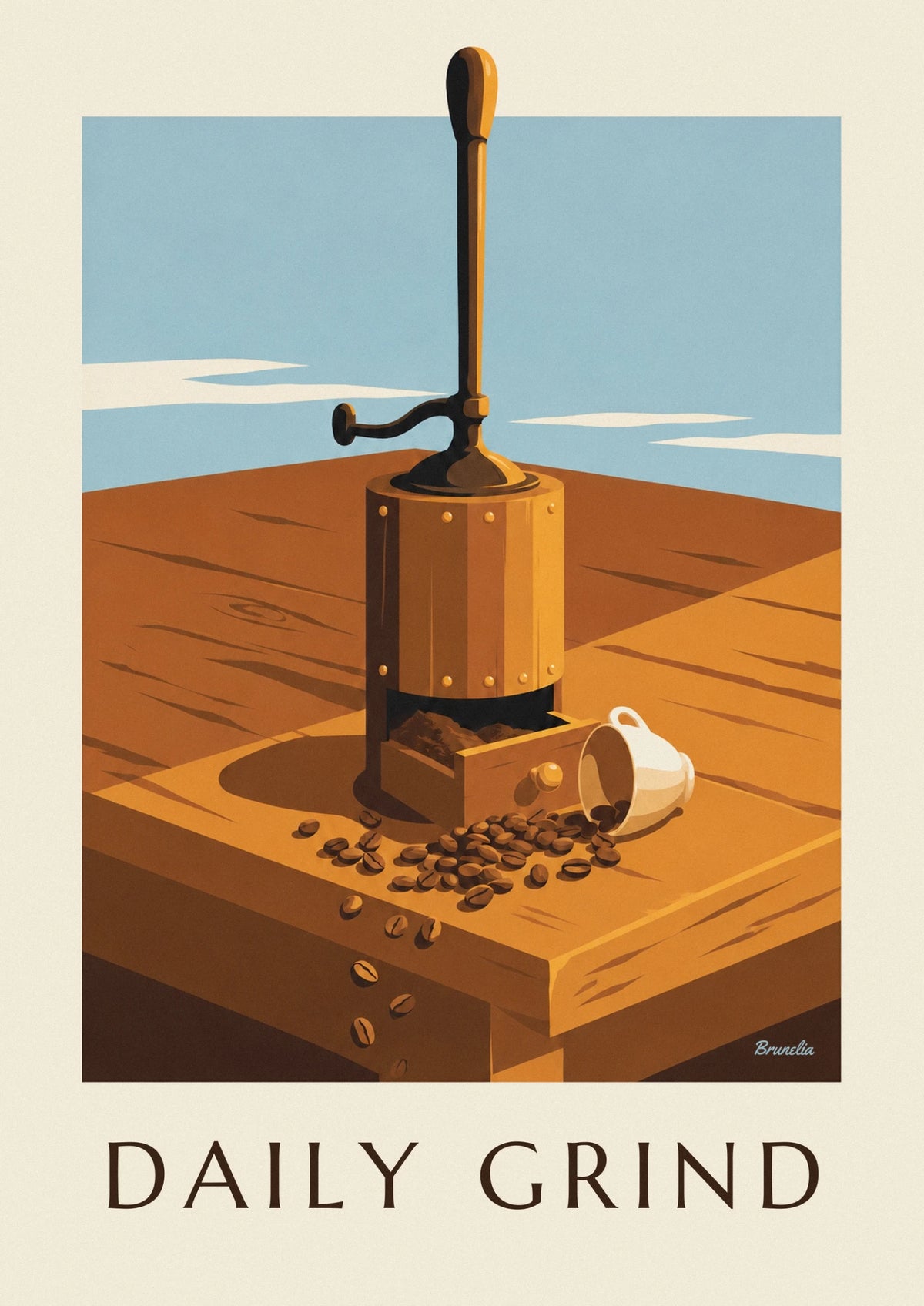 Wooden coffee grinder and coffee beans poster
