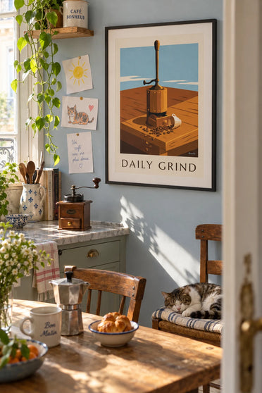 Poster of a wooden coffee grinder and coffee beans: framed on the wall