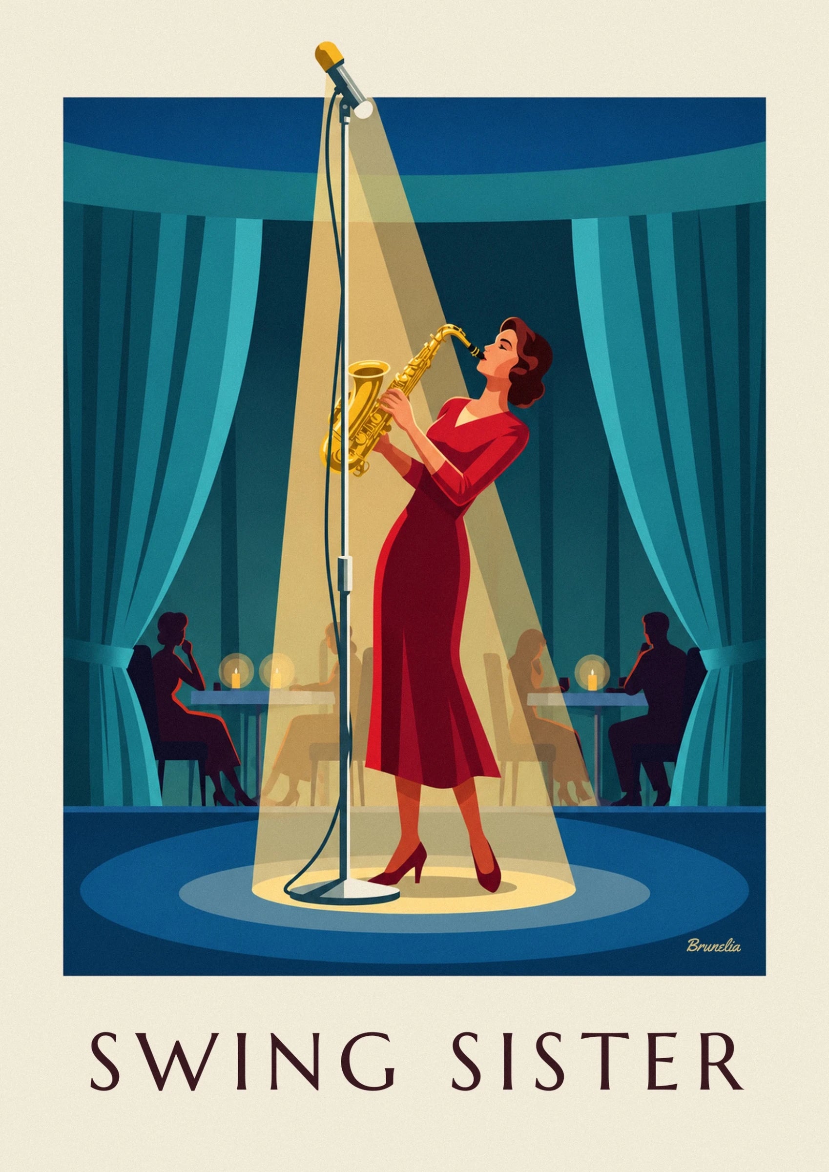 The saxophonist in a red dress in front of her microphone, beneath the jazz club spotlights