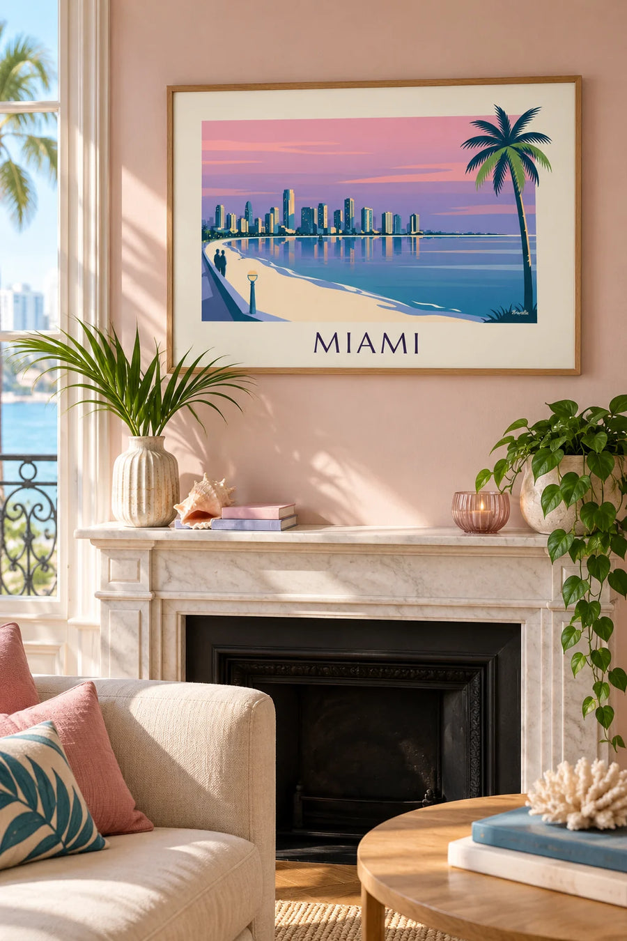 Plakát s mrakodrapy a palmami v Miami za soumraku: plakát v rámu na zdi