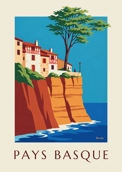 Affiche maisons basques et falaises rouges sur la côte : l'affiche entière