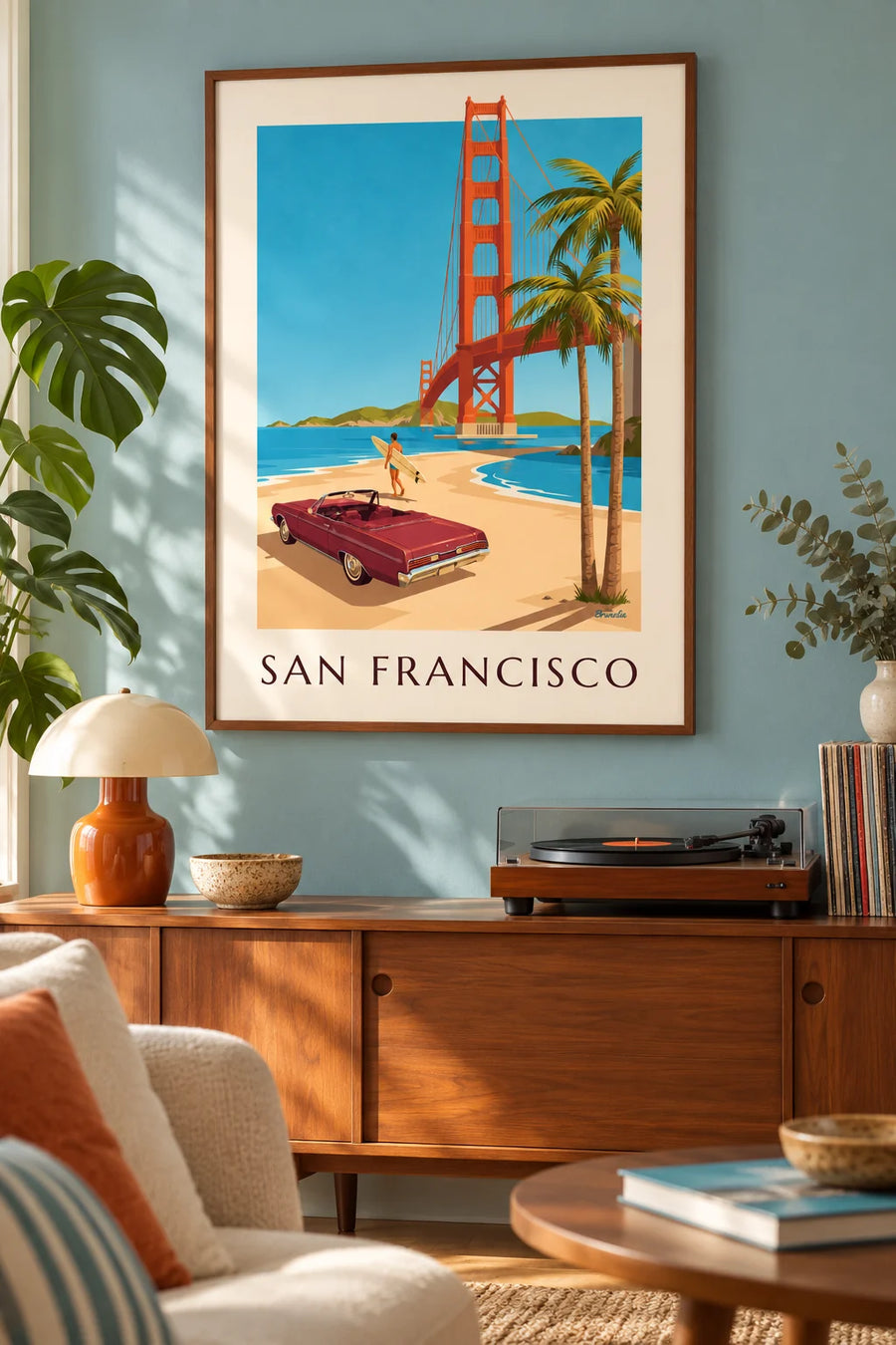 Affiche décapotable devant le Golden Gate à San Francisco : encadrée au mur
