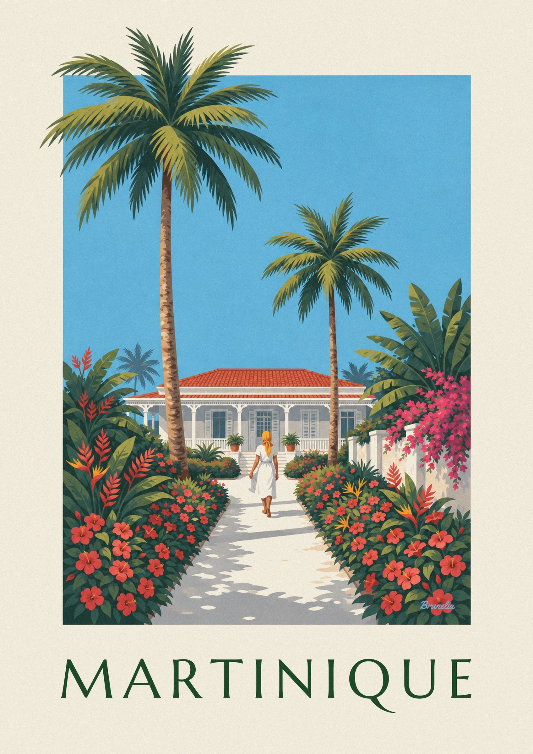 A woman in a white dress on the flower-lined path in front of the Creole house with its red roof