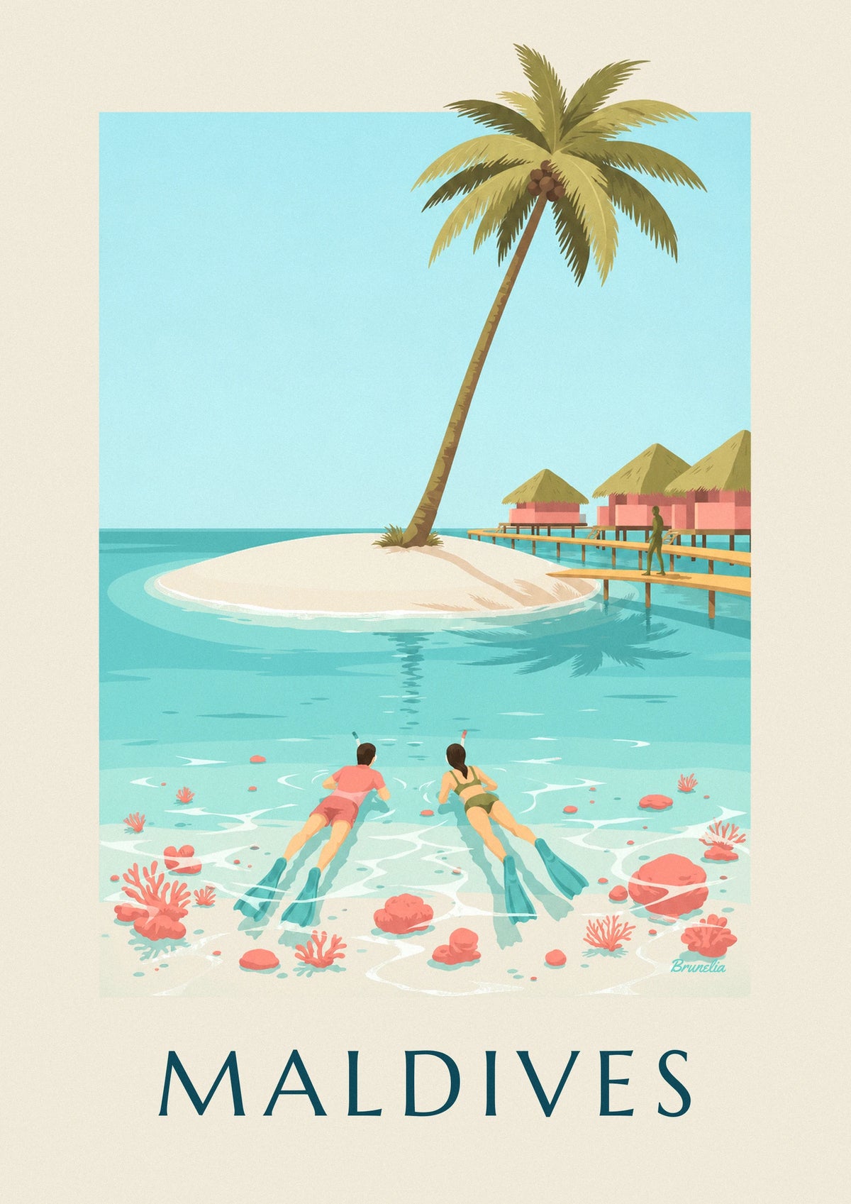 Maldives snorkelers above lagoon coral poster