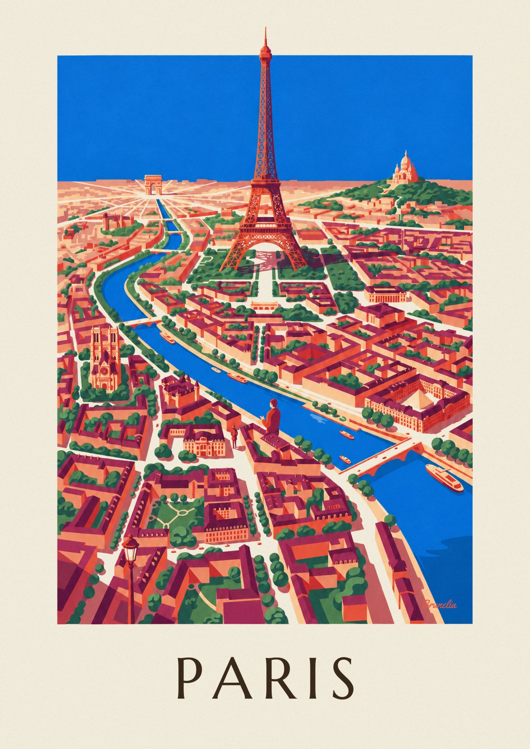 The red-orange tour Eiffel rises against a blue sky, with its green gardens and cast shadow