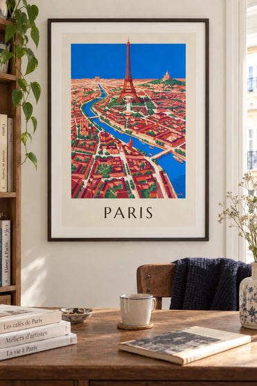 Poster of an illustrated map of Paris, the Seine and its landmarks: framed on the wall