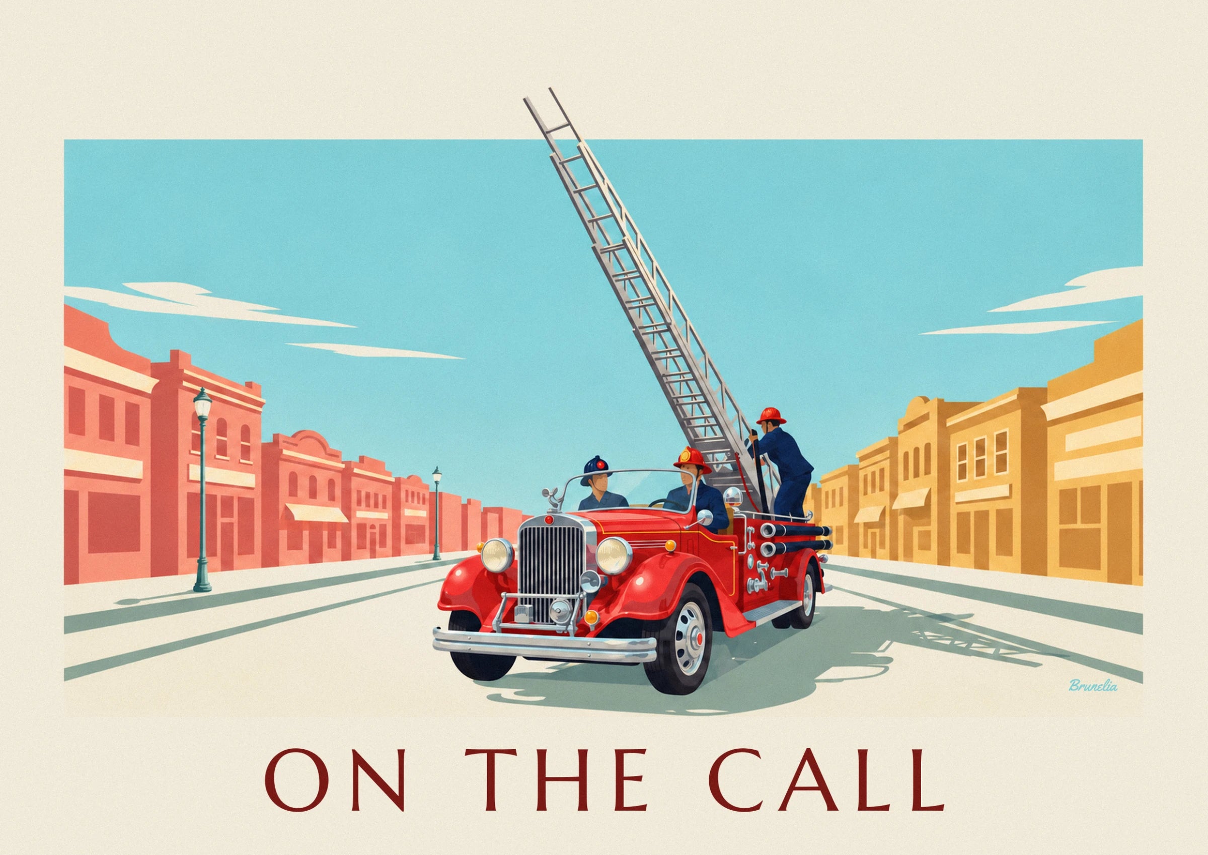 The red fire engine and its 3 firefighters in helmets, with the grey ladder raised towards the sky