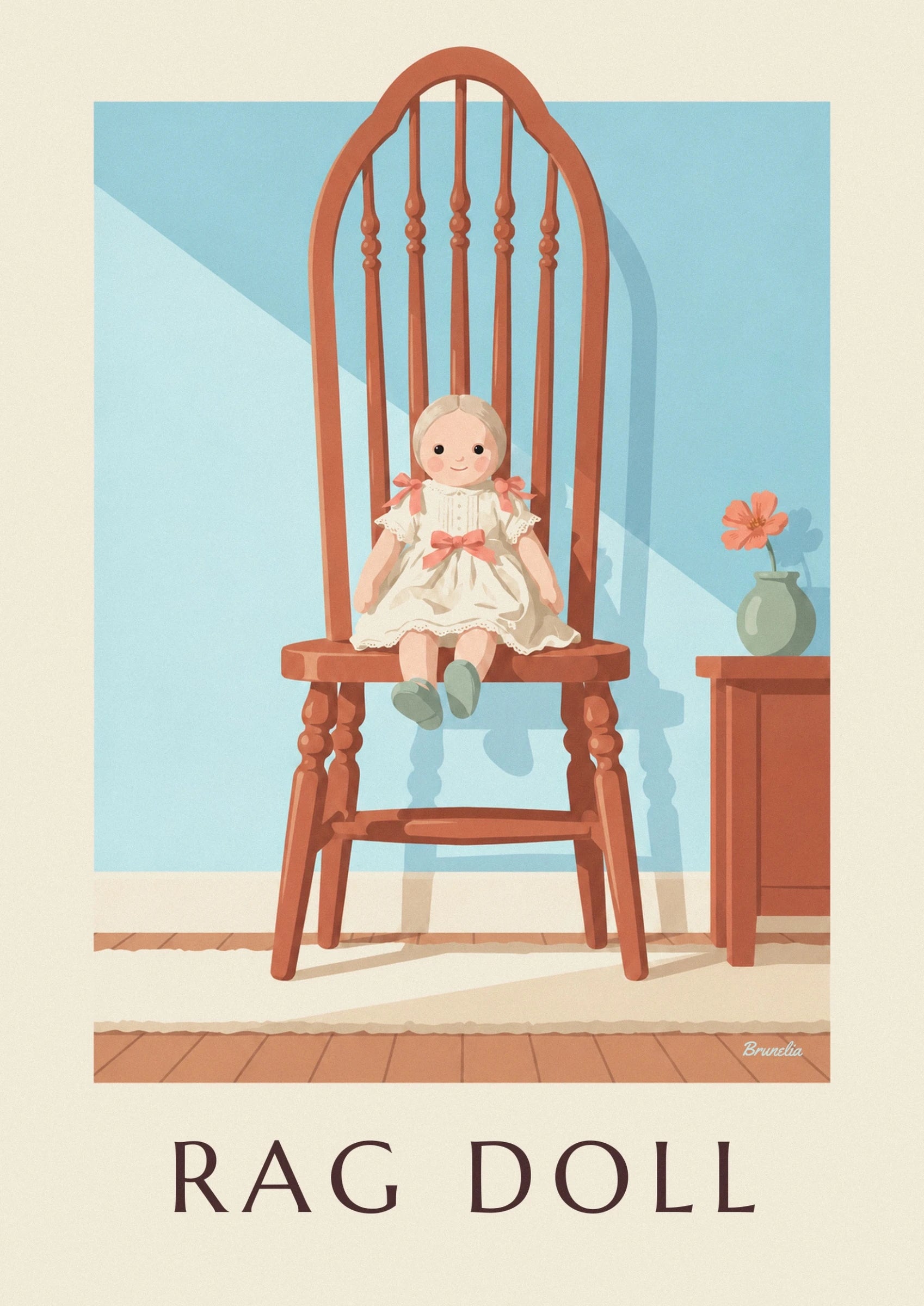 The doll in a cream dress with pink bows and green shoes on her wooden chair