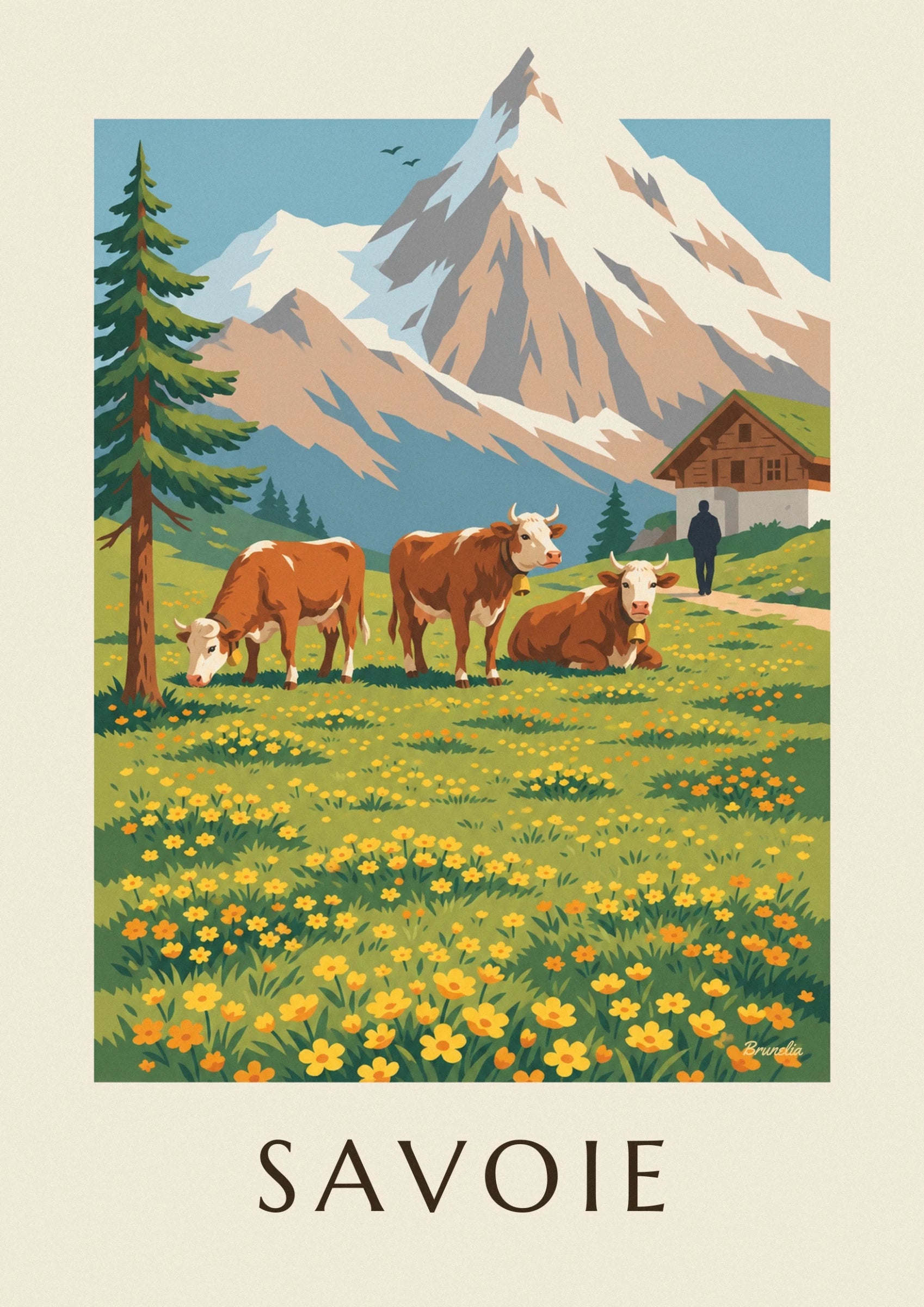 A brown and white Tarine cow with a golden bell around its neck in a flower-filled alpine meadow