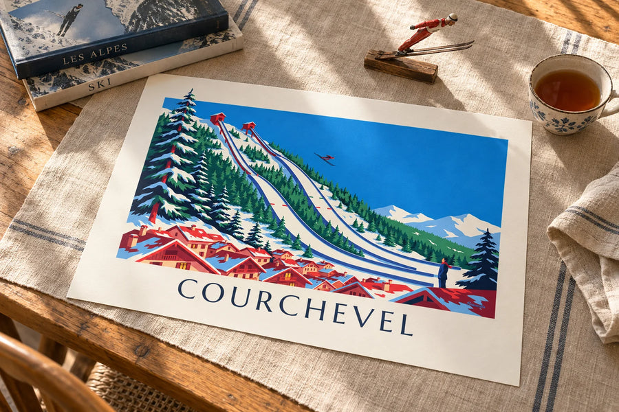 Plakát skokanských můstků v Courchevelu v Praz: na stole