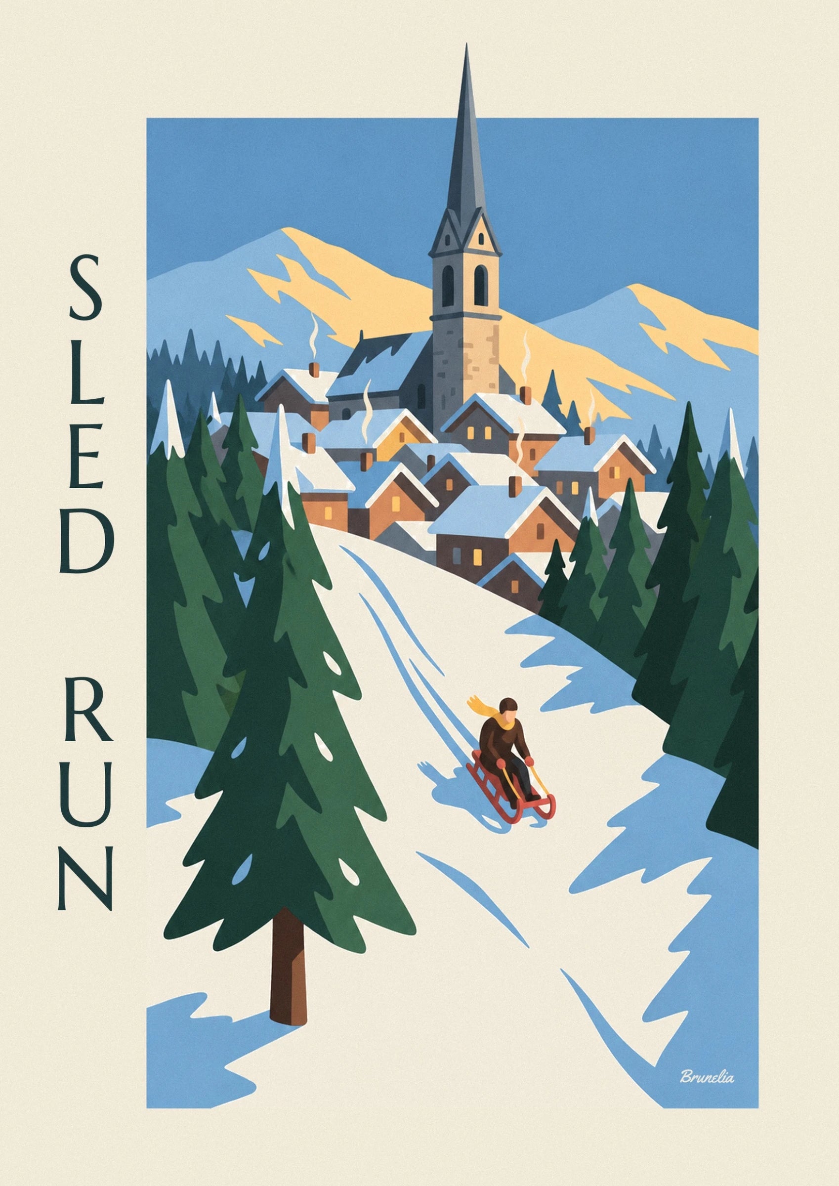 A sledger in brown clothing and a yellow scarf on a red sledge in the snow
