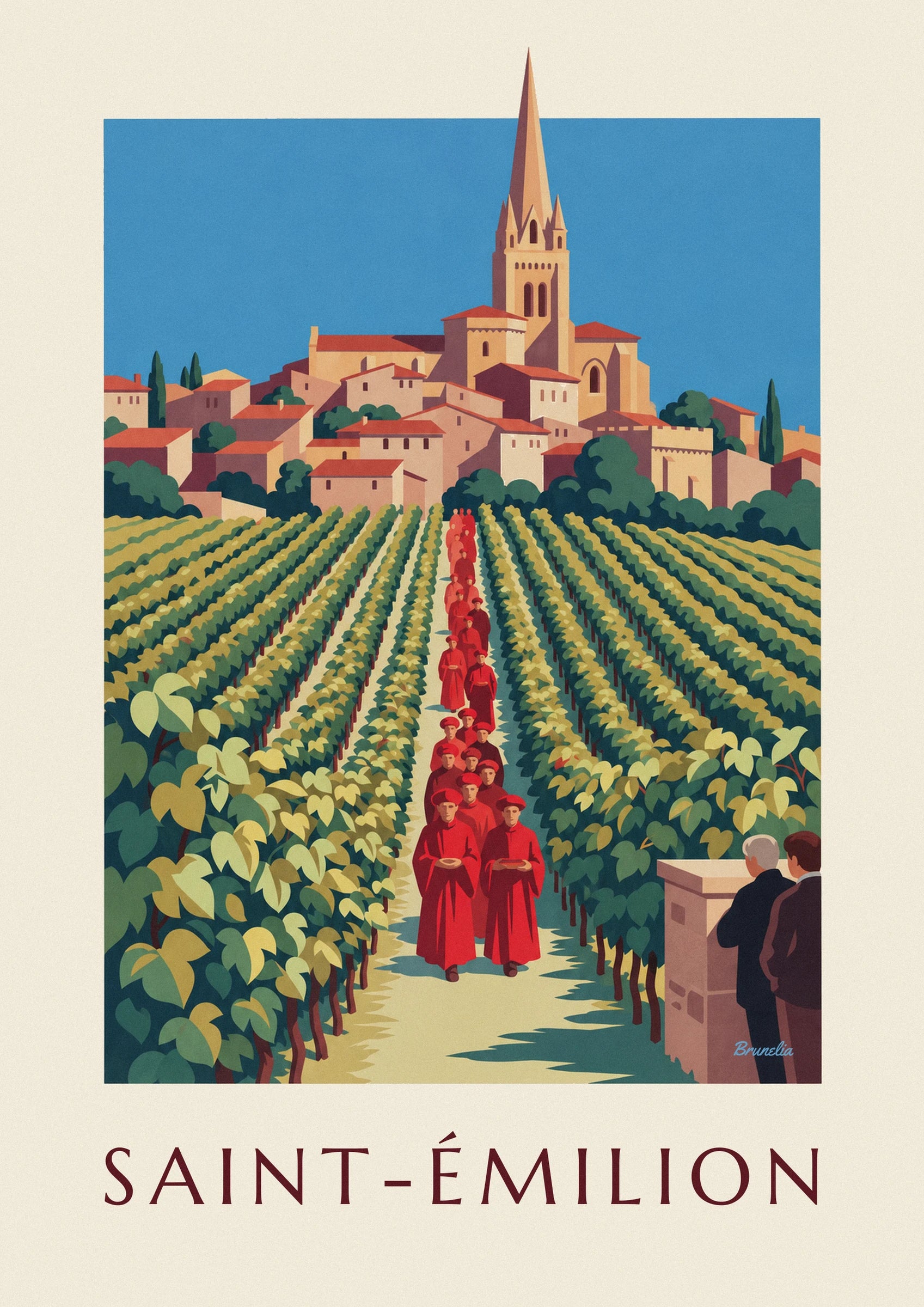 Le clocher élancé de Saint-Émilion au-dessus des maisons aux toits rouges
