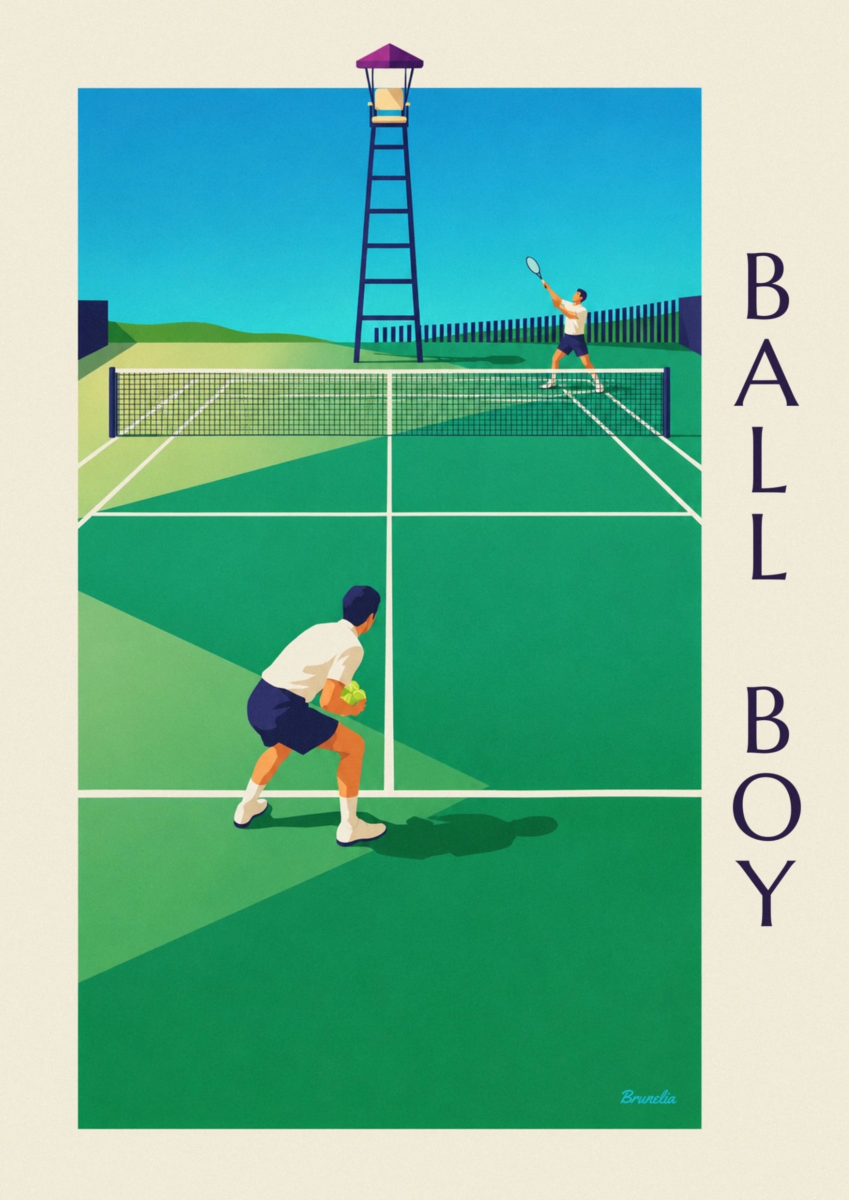 The ball boy in a white polo shirt and navy blue shorts, holding yellow balls