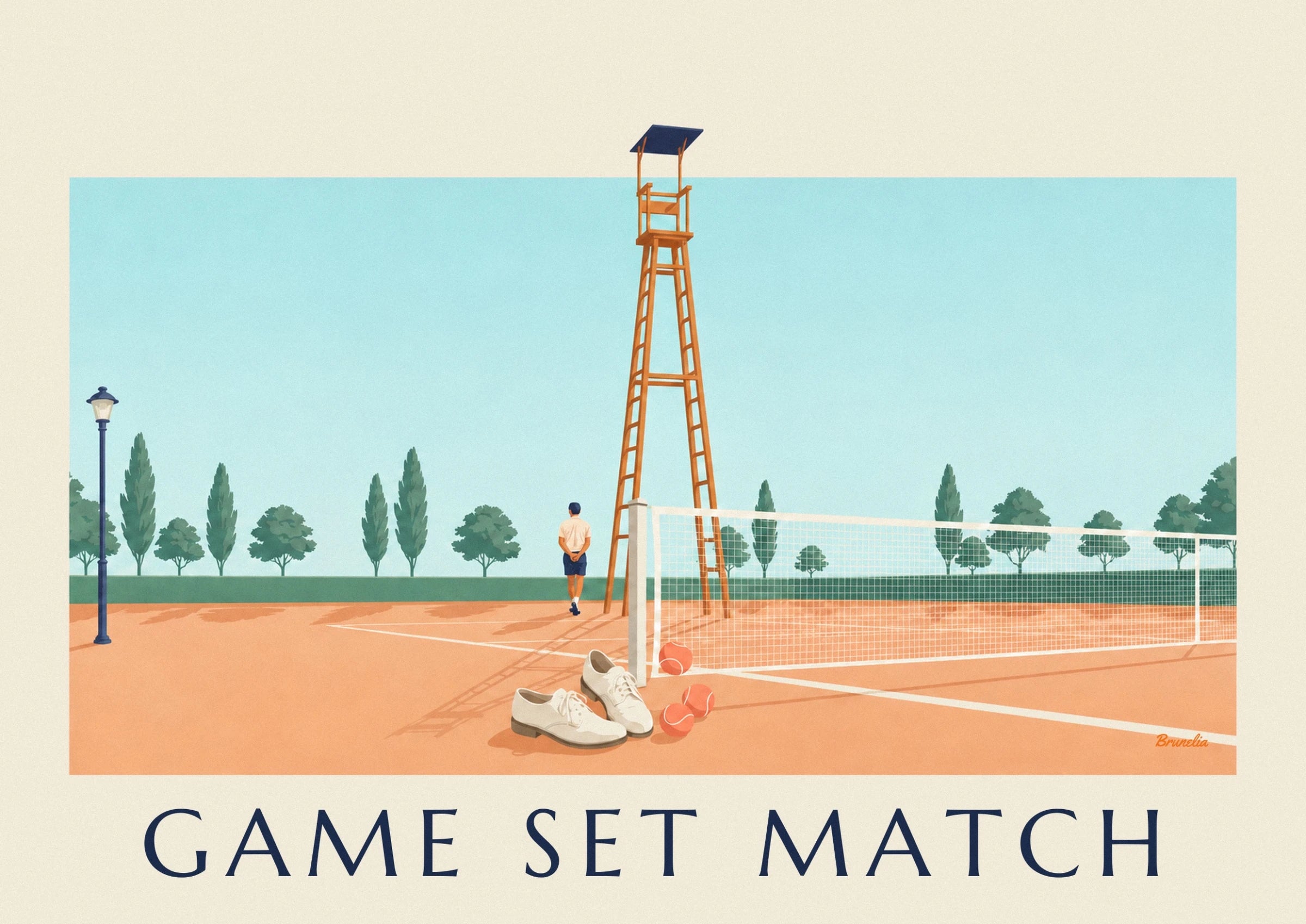 The white shoes and orange balls on the clay court, in front of a player seen from behind