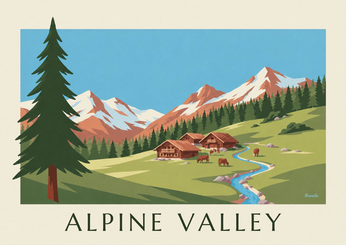 Alpine valley with wooden chalets and pastures poster