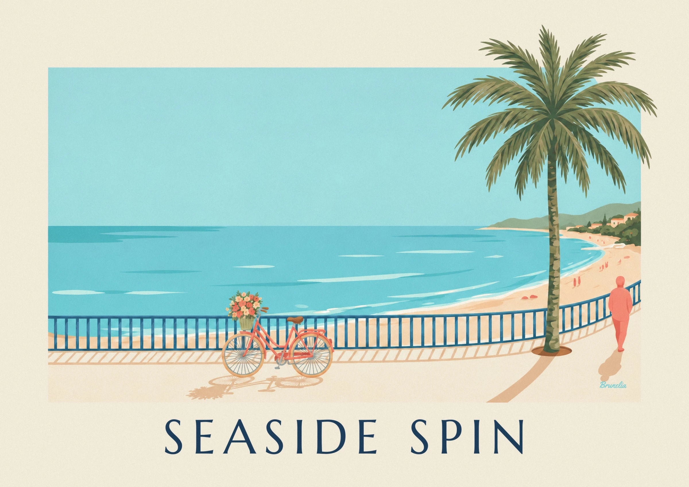 The coral bicycle with a flower-filled basket in front of the blue railing and turquoise sea