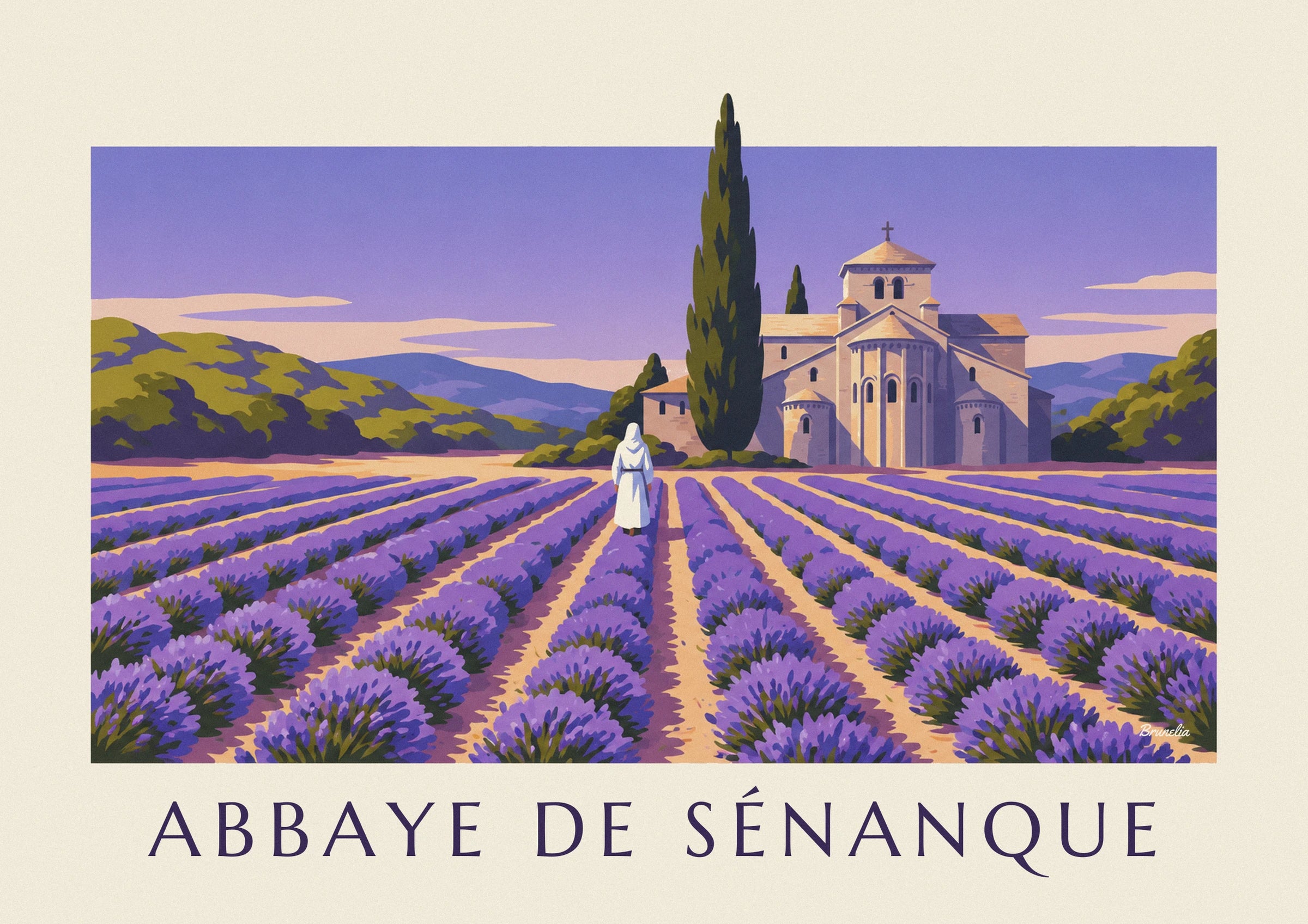 Affiche moine marchant dans la lavande de l'abbaye de Sénanque : détail en gros plan