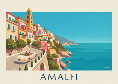 Poster of a convertible on the Amalfi coastal road: the full poster