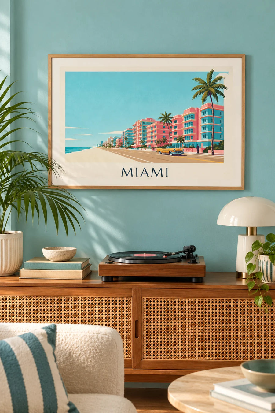 Plakát zlatého kabrioletu na Ocean Drive v Miami: v rámu na zdi