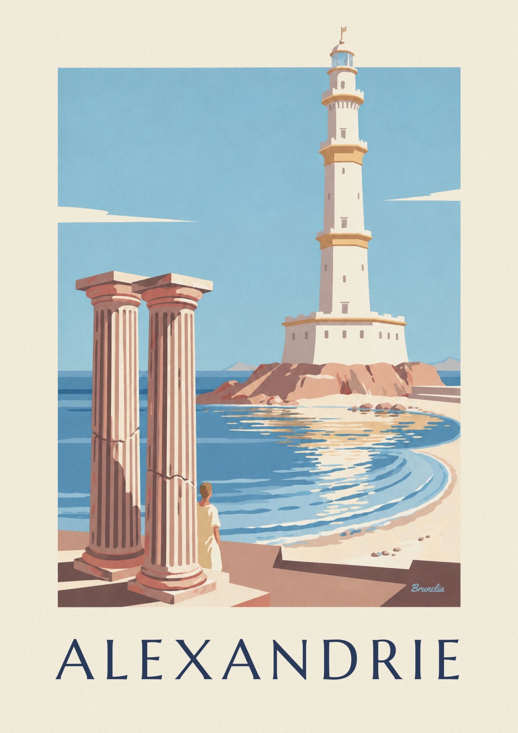 The lighthouse of Alexandrie with its cream and ochre tiers against a blue sky