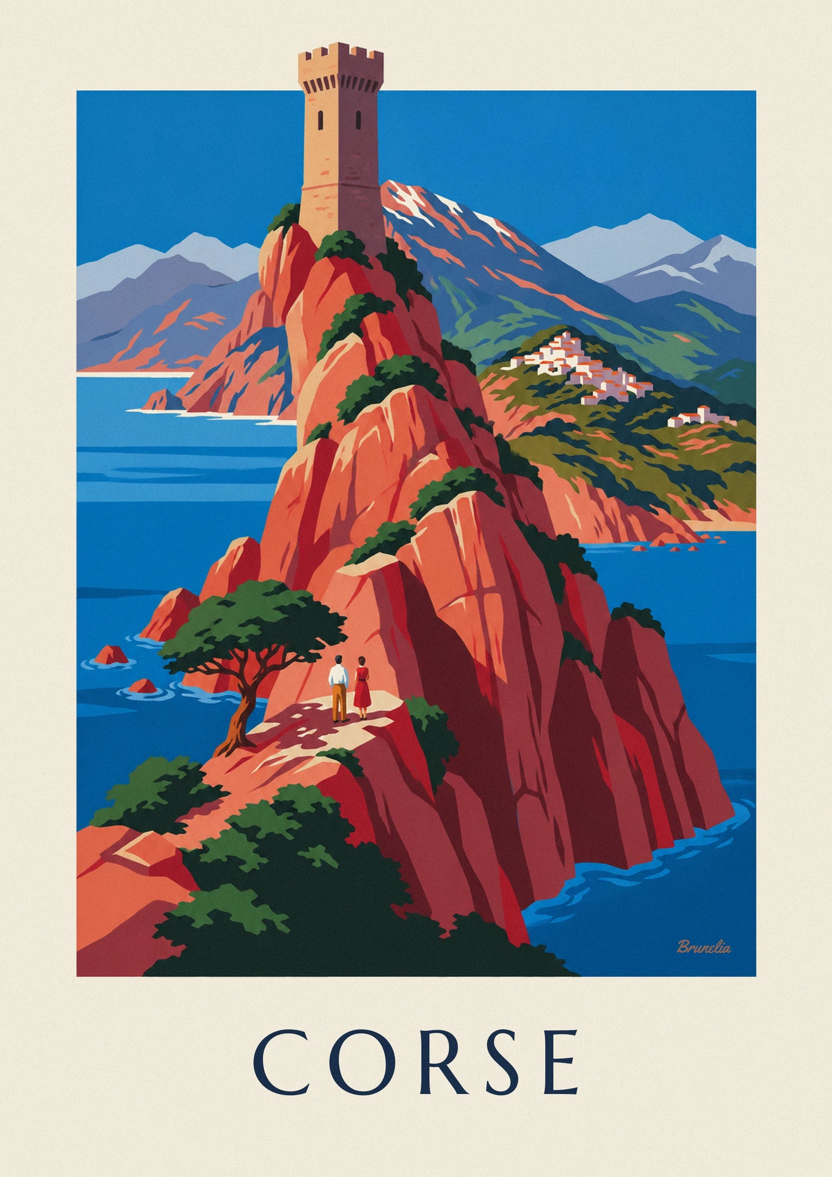 Wild Corsican coast with red cliffs and Monte Cinto poster: close-up detail