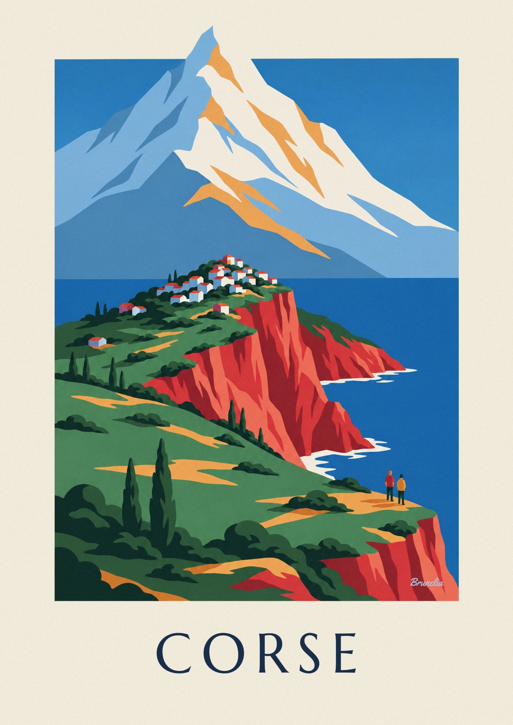 The red-roofed village perched on the red rock cliff above the sea