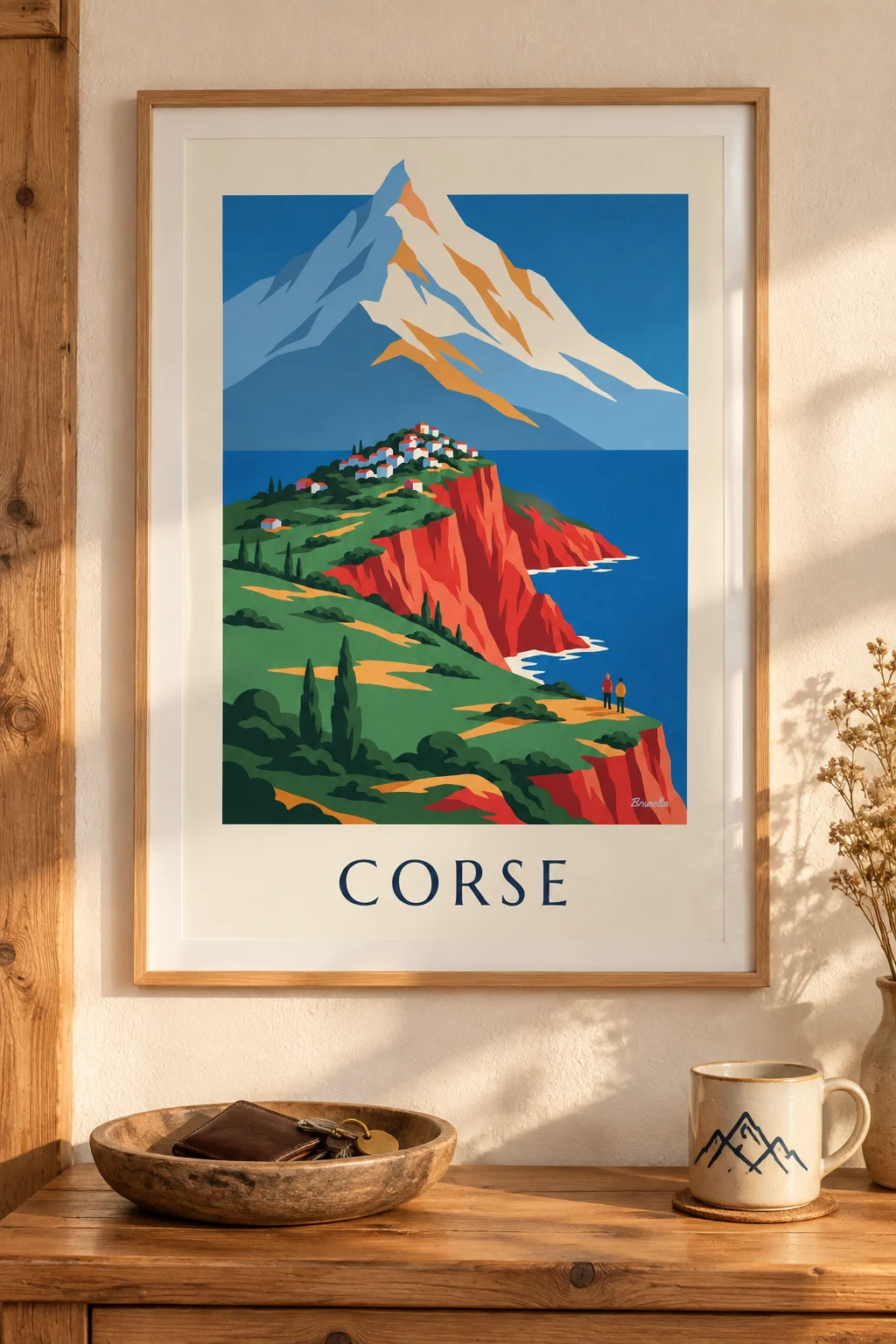 Mise en situation de Affiche côte sauvage de Corse, falaises rouges et Monte Cinto