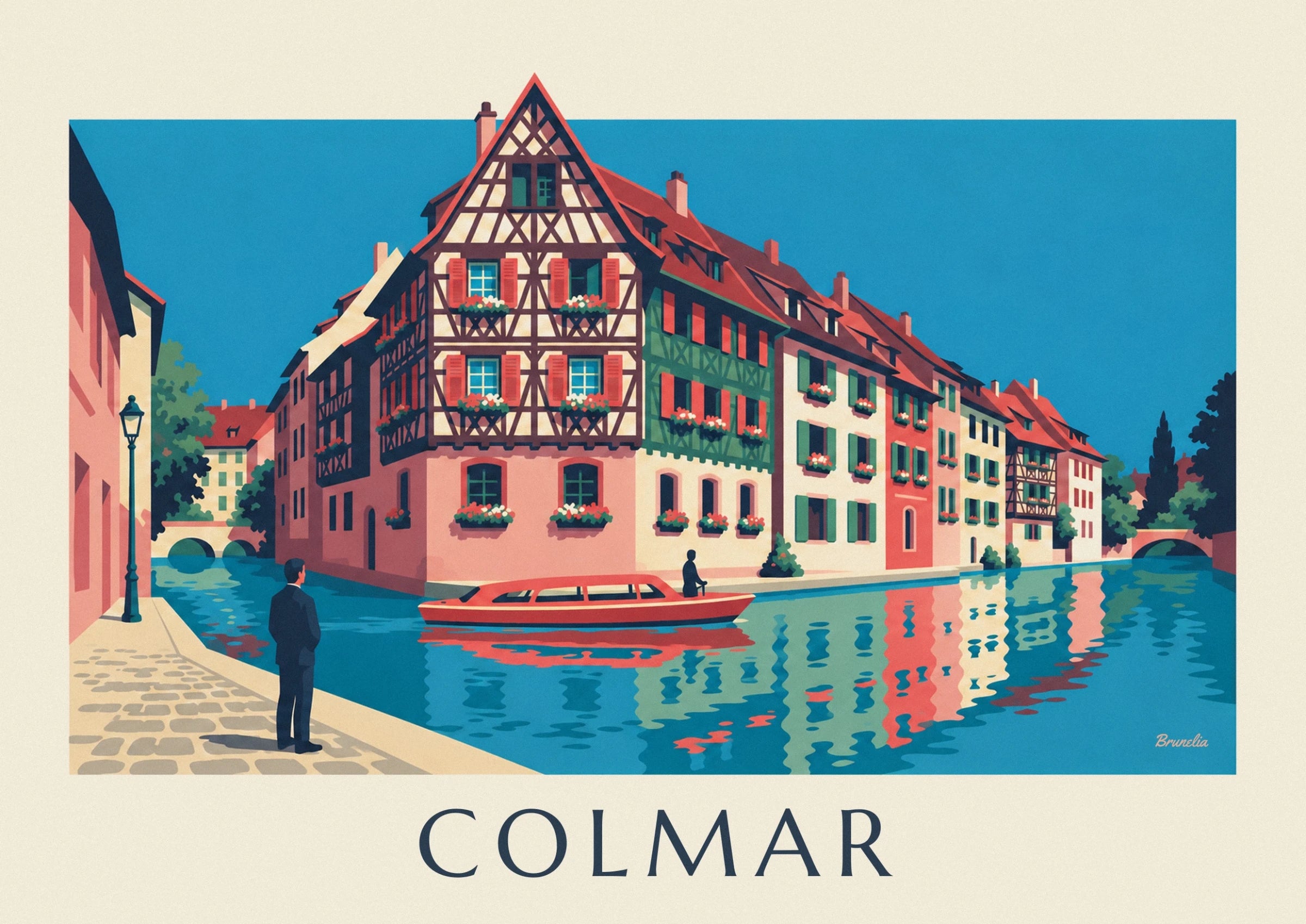 La maison à colombages bruns, aux volets rouges et aux fenêtres fleuries