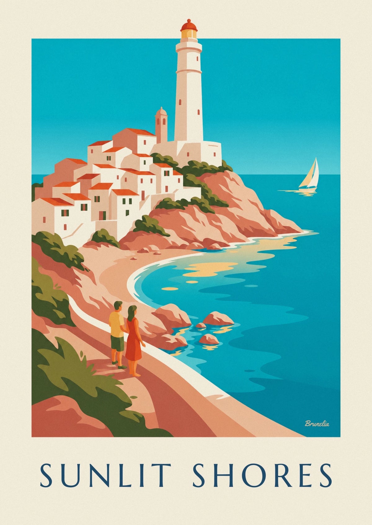 Mediterranean coast white village and lighthouse poster