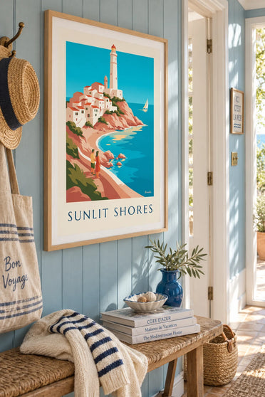 Mediterranean coast, white village and lighthouse poster: framed on the wall