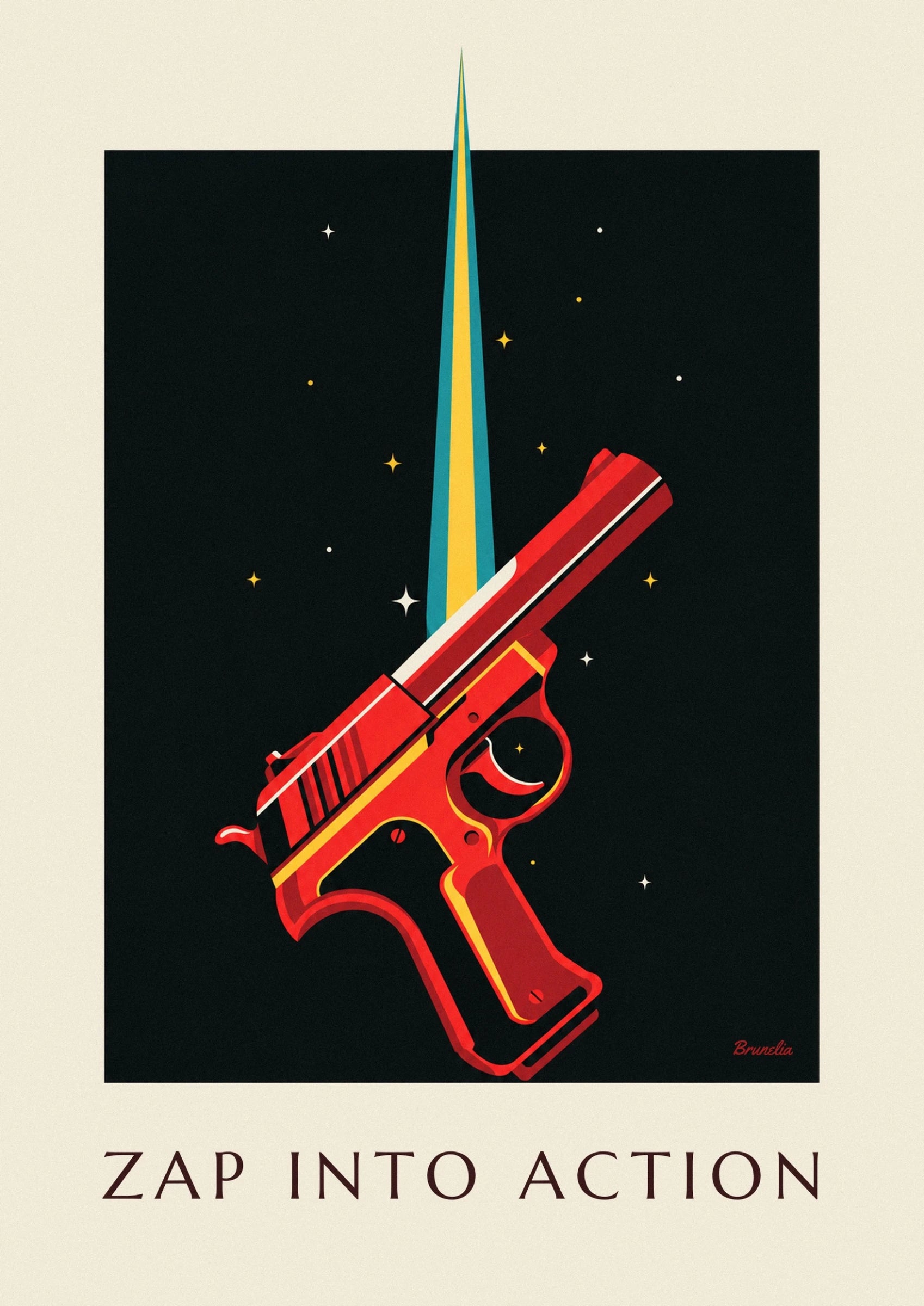Le pistolet laser rouge aux contours jaunes, avec sa détente et sa poignée